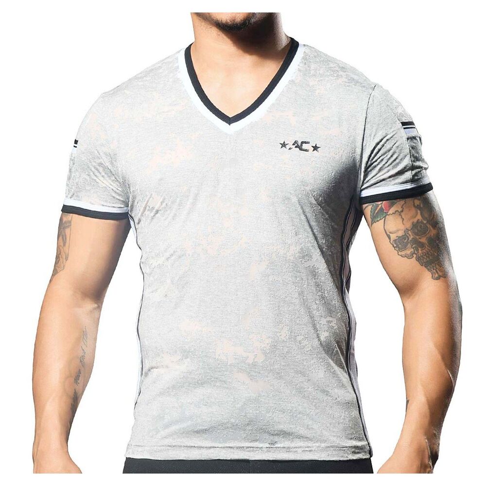 Andrew Christian Burnout Camo V Neck Shirt NWT Sheer Clubwear Gay Jock Men's L